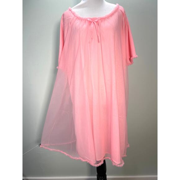 Vintage Nightgown Medium Pink Layered Chiffon Ruffled Trim Bow - Picture 1 of 13